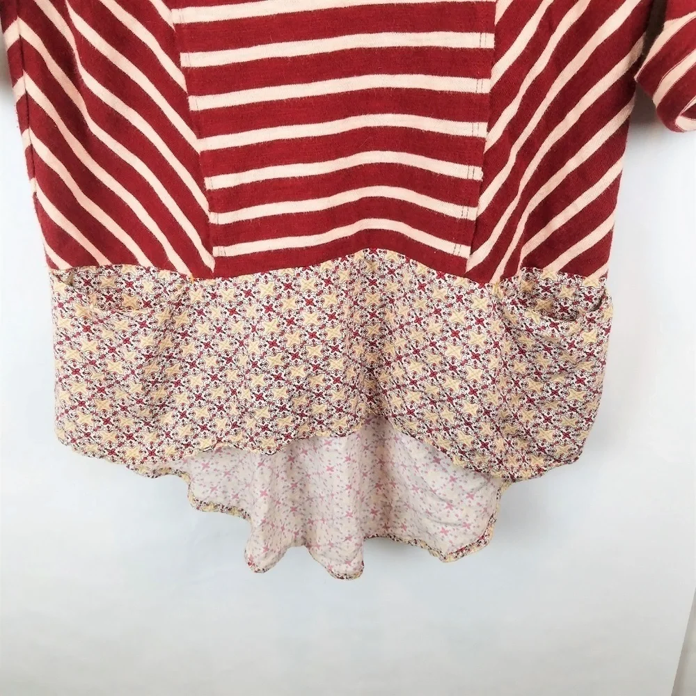 Postmark Anthropologie Fairley Tunic Red Striped Floral Hem Roll Tab Sleeve Top